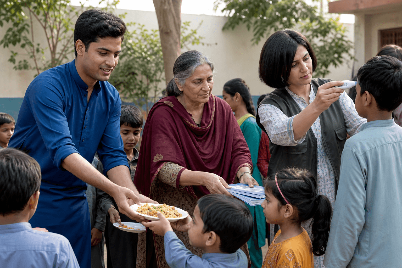Volunteers providing meals, books, and healthcare support