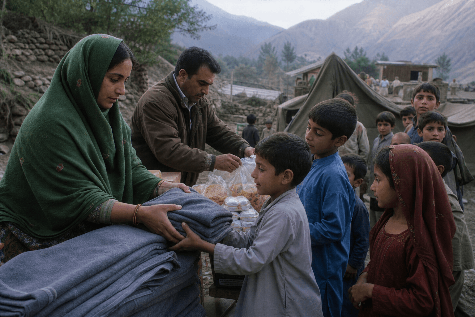 Relief volunteers supporting families after the 2005 earthquake